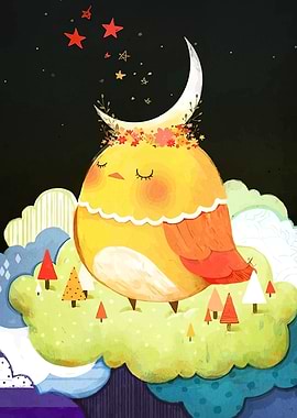 Dreamy Bird on Cloud with Moon