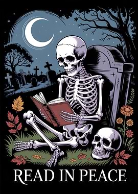 Skeleton Reading in Cemetery at Night