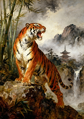 Roaring Tiger in Asian Landscape Painting