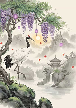Crane in Asian Landscape with Wisteria