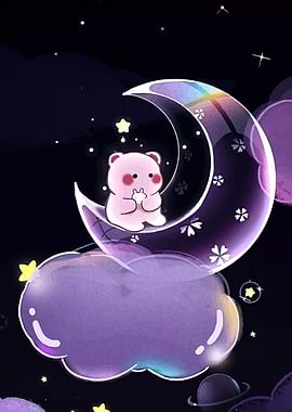 Cute Bear on Moon in Night Sky