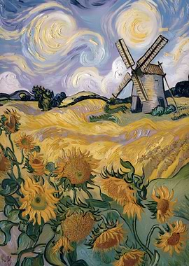Sunflower Field with Windmill Painting