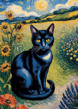 Black Cat in Sunflower Field Painting