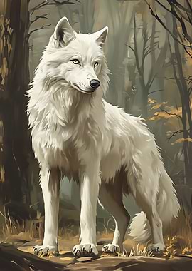 White Wolf in Autumn Forest