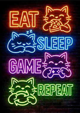 Eat Sleep Game Repeat Neon Cats