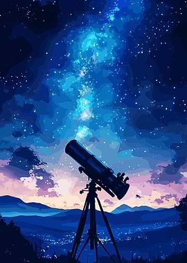 Telescope under starry night sky