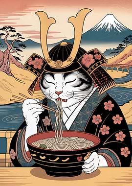 Samurai Cat Eating Noodles