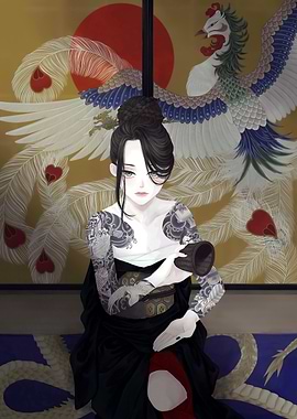 Tattooed Woman with Phoenix Backdrop