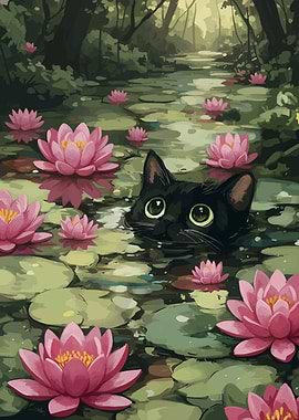 Black cat in a lily pond