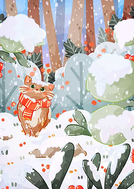 Winter Cat in Snowy Forest