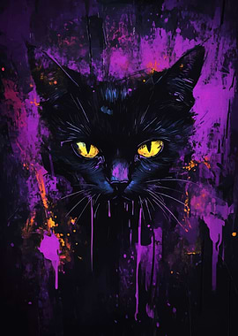 Black Cat with Purple Splatter Art