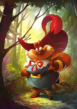 Cartoon Cat in Forest with Bag