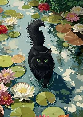 Black Cat in Lily Pond