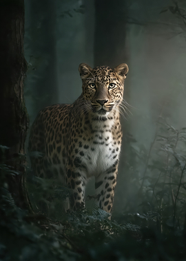 Leopard in the Misty Forest