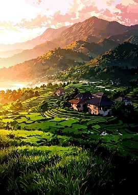 Lush Mountainous Landscape with Rice Terraces