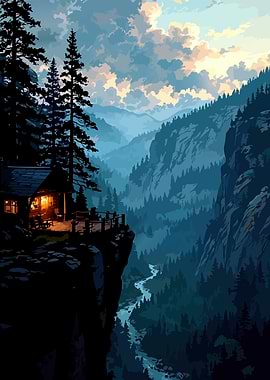 Cabin on Cliffside Overlooking Mountain Valley