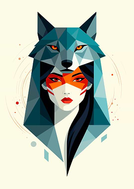 Geometric Wolf Headdress Woman Portrait