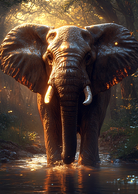 Elephant in Water, Forest Background