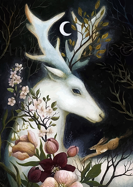 Mystical White Deer with Floral Adornments