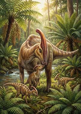 Parasaurolophus Family in Prehistoric Jungle
