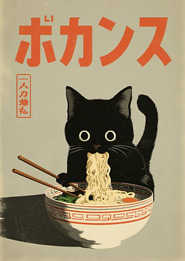 Black Cat Eating Ramen