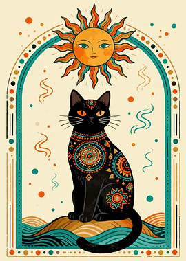 Boho Cat and Sun Illustration