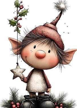 Cute Christmas Elf with Star Ornament