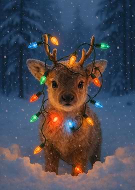 Cute Baby Reindeer with Glowing Christmas Lights