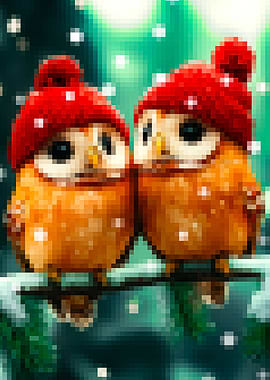 Pixelated Winter Owls