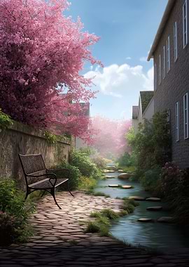 Cherry Blossoms and Tranquil Stream