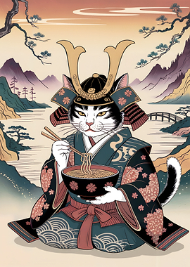 Samurai Cat Eating Noodles