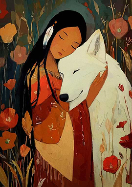 Native American Girl Hugging White Wolf