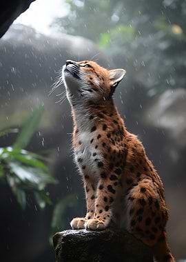 Serval Cat in the Rain