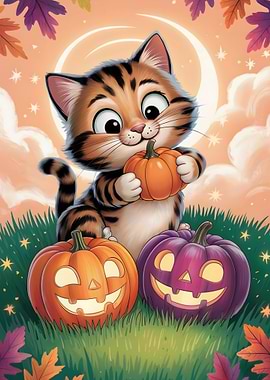 Cute Cat with Pumpkins