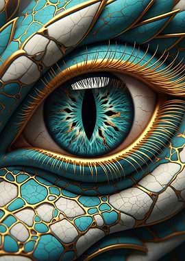 Vibrant turquoise reptile eye with gold accents and intricate scales
