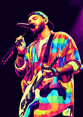 Musician Performing with Guitar and Microphone