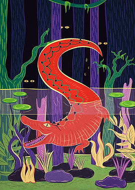 Stylized Alligator in Swamp Illustration