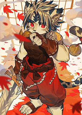 Furry Warrior with Autumn Leaves