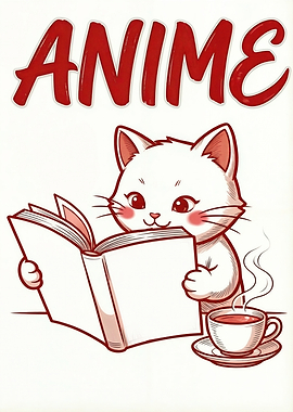 Anime Cat Reading with Coffee