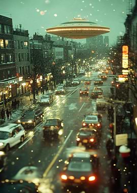 UFO over city street in winter