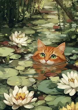Cat in Lily Pond Painting