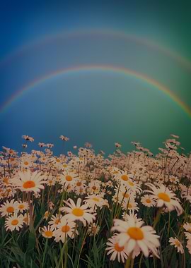Daisy Field Under a Double Rainbow