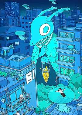 Blue Cityscape with Giant Creature