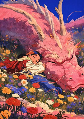 Girl sleeping with pink dragon in field