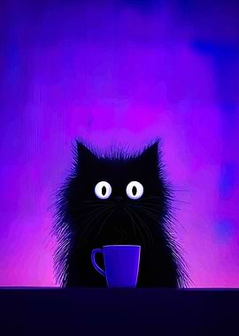 Black Cat with Coffee Cup