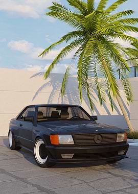 Classic Car Mercedes 560 Under Palm Tree
