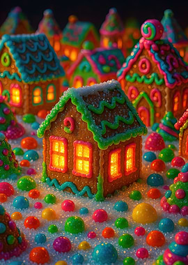 Colorful Gingerbread House Village