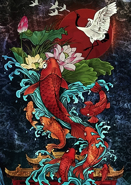 Koi Fish and Crane Asian Art