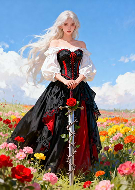 Woman with Sword in Flower Field