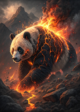 Fiery Panda in Volcanic Landscape